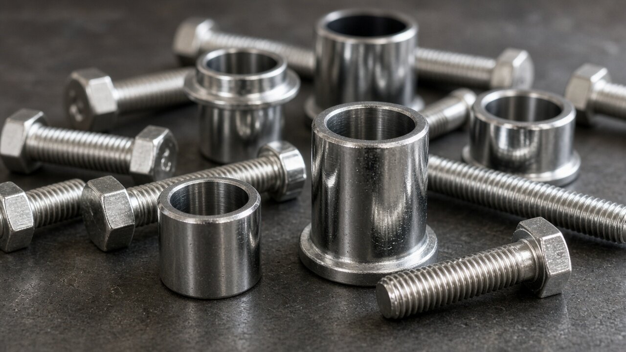 Close-up of plated fasteners and finished metal hardware