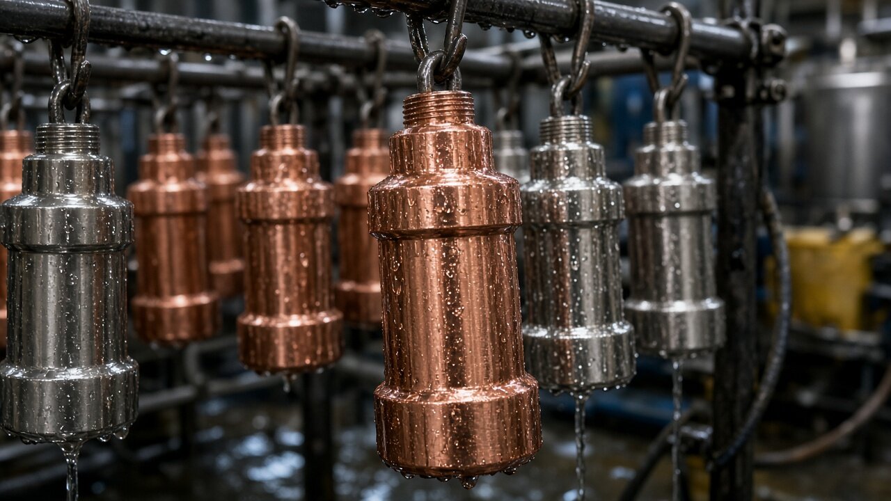 Rack of wet copper and nickel plated parts